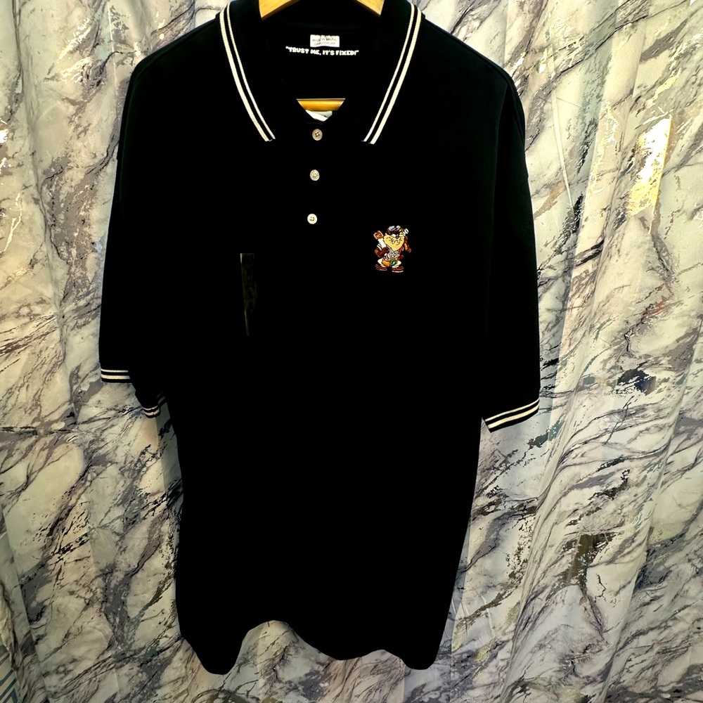 Warner Bros Taz “Mr. Fix it” Black Polo Shirt Brand New withTags 90’s Vintage XL